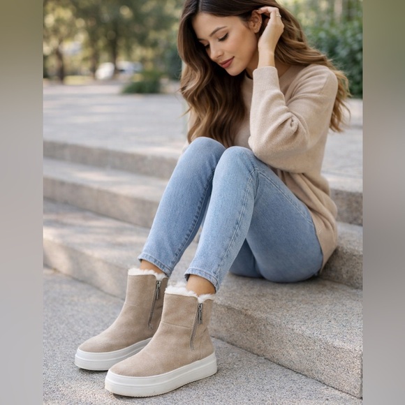 J/SLIDES NYC Suede Faux Fur Lined Ankle Boots Side Zip Platform Women’s 6 Beige - Picture 2 of 8